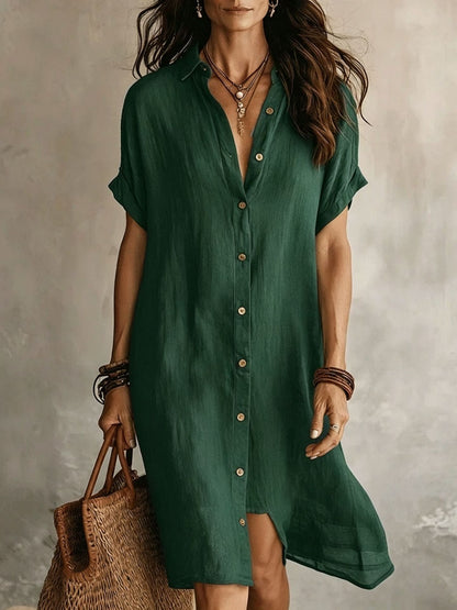 Lniana Sukienka Midi na Guziki